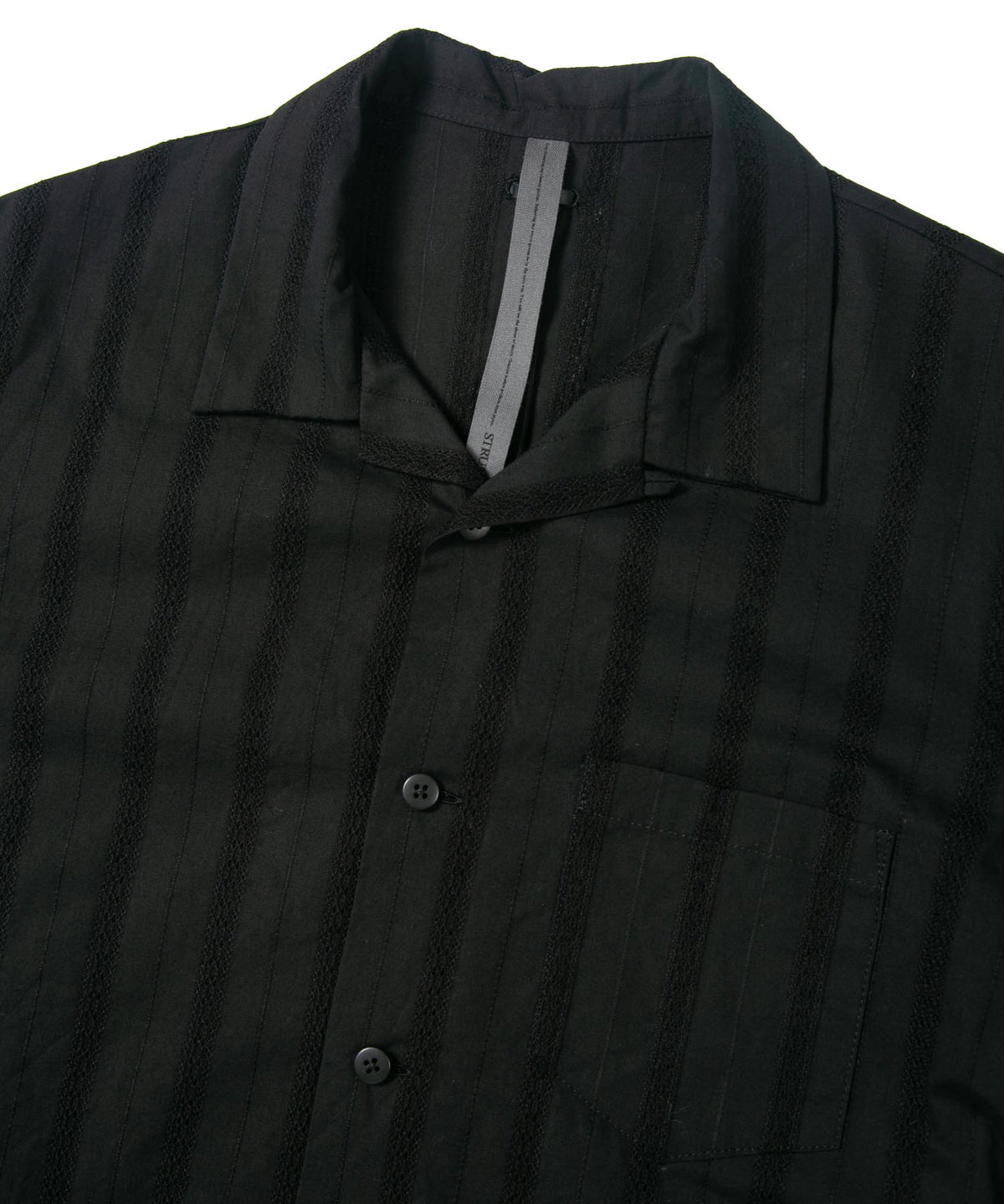 Stripe Cotton Leno Cloth Open-necked Short-Sleeve Shirts / BLACK