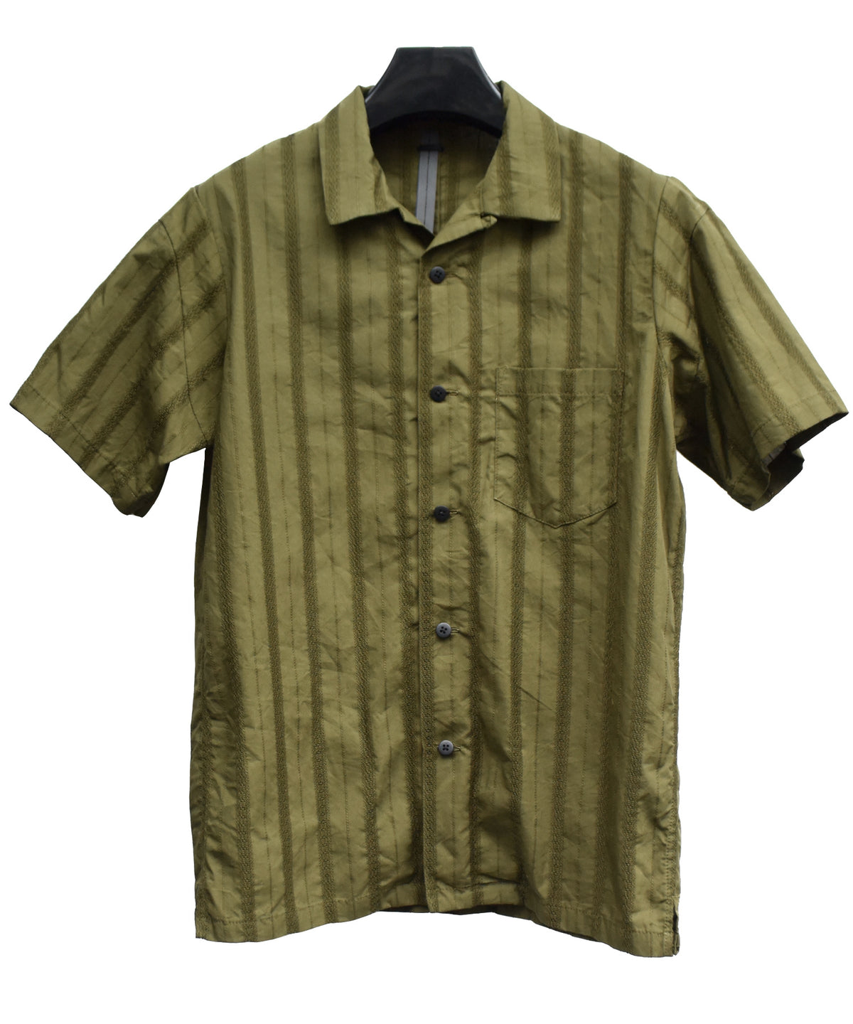 Stripe Cotton Leno Cloth Open-necked Short-Sleeve Shirts / KHAKI