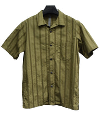 Stripe Cotton Leno Cloth Open-necked Short-Sleeve Shirts / KHAKI