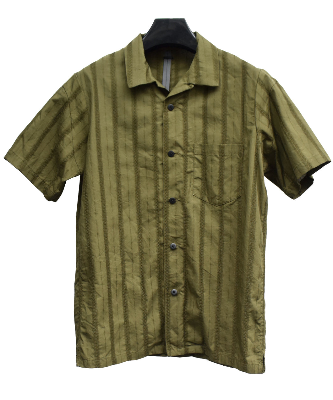 カラミ織り ストライプ 開襟半袖シャツ / KHAKI