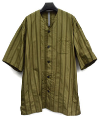 Stripe Cotton Leno Cloth Baggy No-collor Shirts / KHAKI