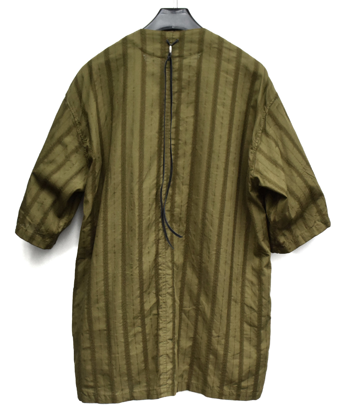 Stripe Cotton Leno Cloth Baggy No-collor Shirts / KHAKI