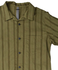 Stripe Cotton Leno Cloth Open-necked Short-Sleeve Shirts / KHAKI