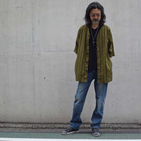 Stripe Cotton Leno Cloth Baggy No-collor Shirts / KHAKI