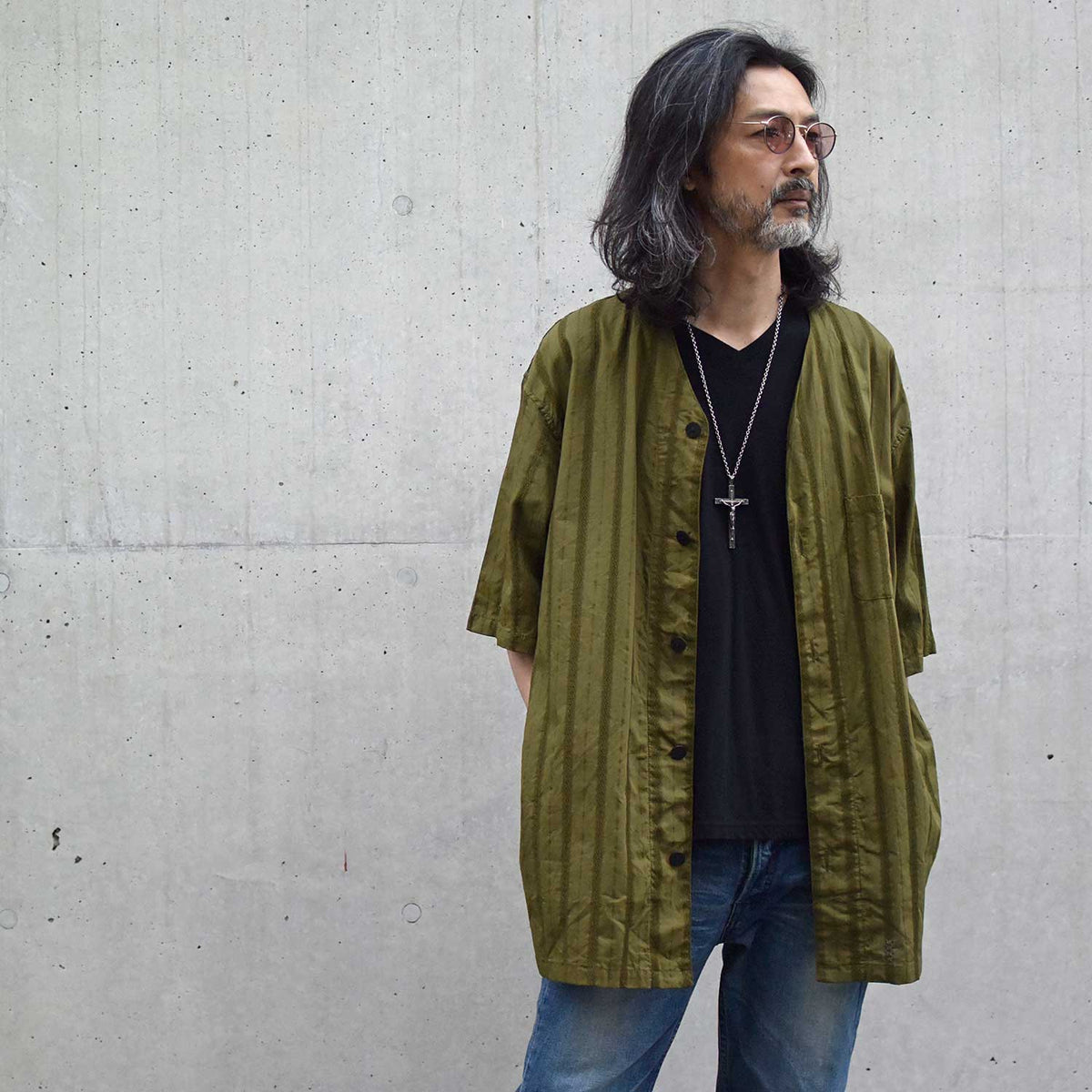 Stripe Cotton Leno Cloth Baggy No-collor Shirts / KHAKI