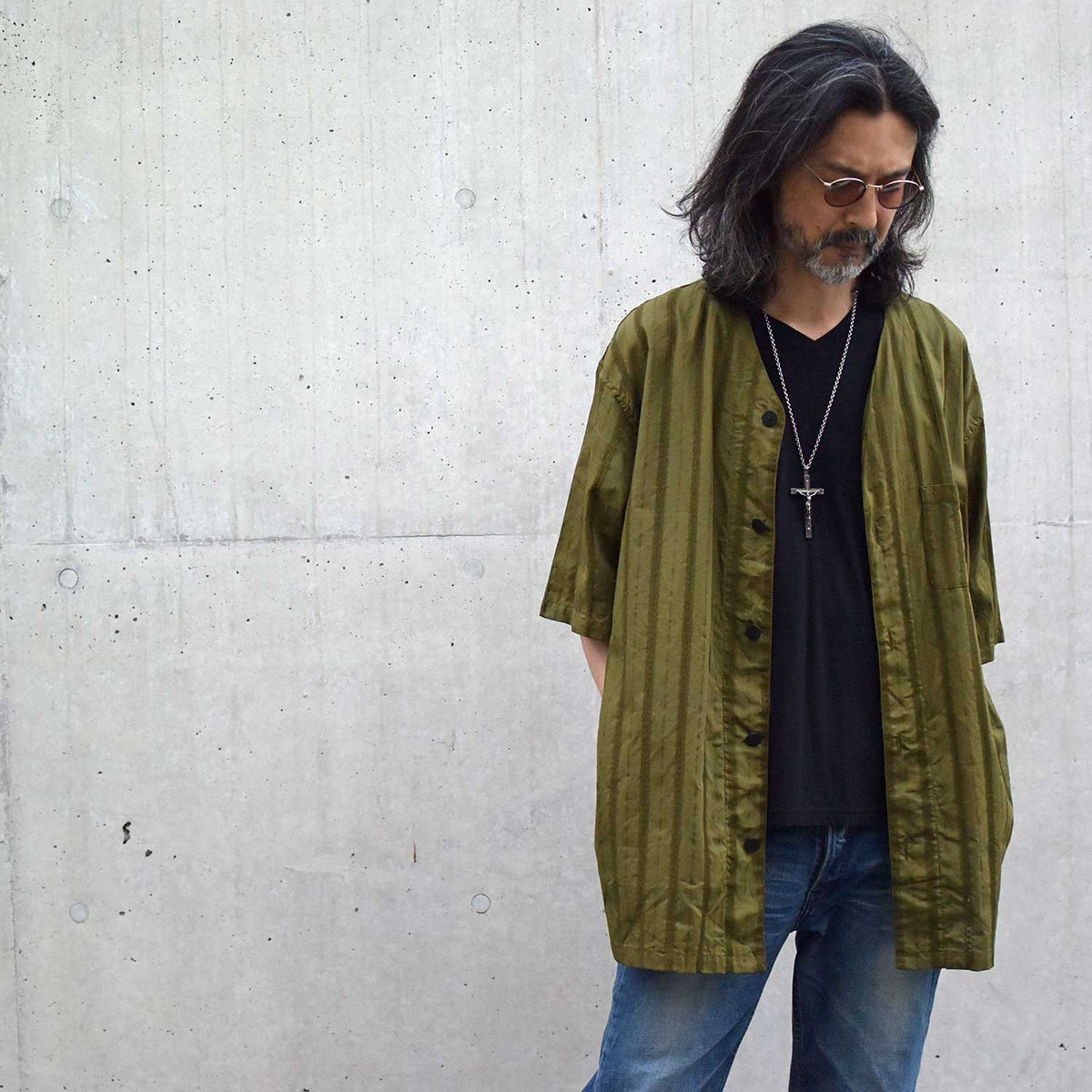 Stripe Cotton Leno Cloth Baggy No-collor Shirts / KHAKI