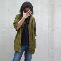 Stripe Cotton Leno Cloth Baggy No-collor Shirts / KHAKI