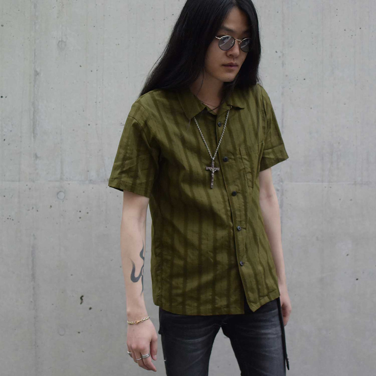 Stripe Cotton Leno Cloth Open-necked Short-Sleeve Shirts / KHAKI