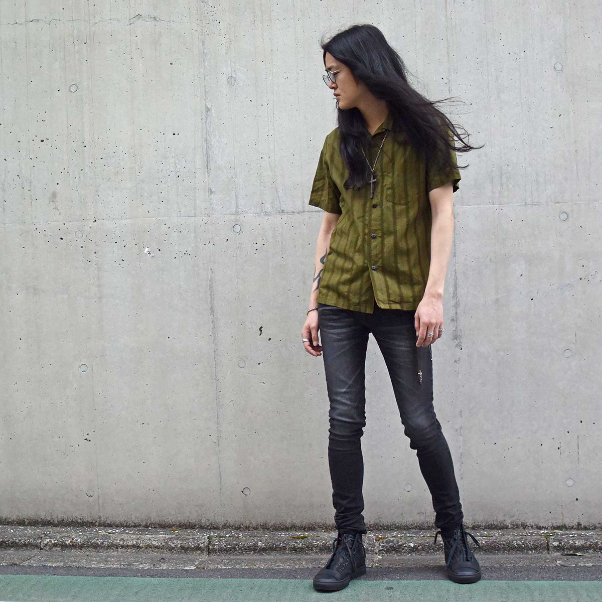 Stripe Cotton Leno Cloth Open-necked Short-Sleeve Shirts / KHAKI