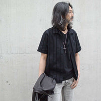 Stripe Cotton Leno Cloth Open-necked Short-Sleeve Shirts / BLACK