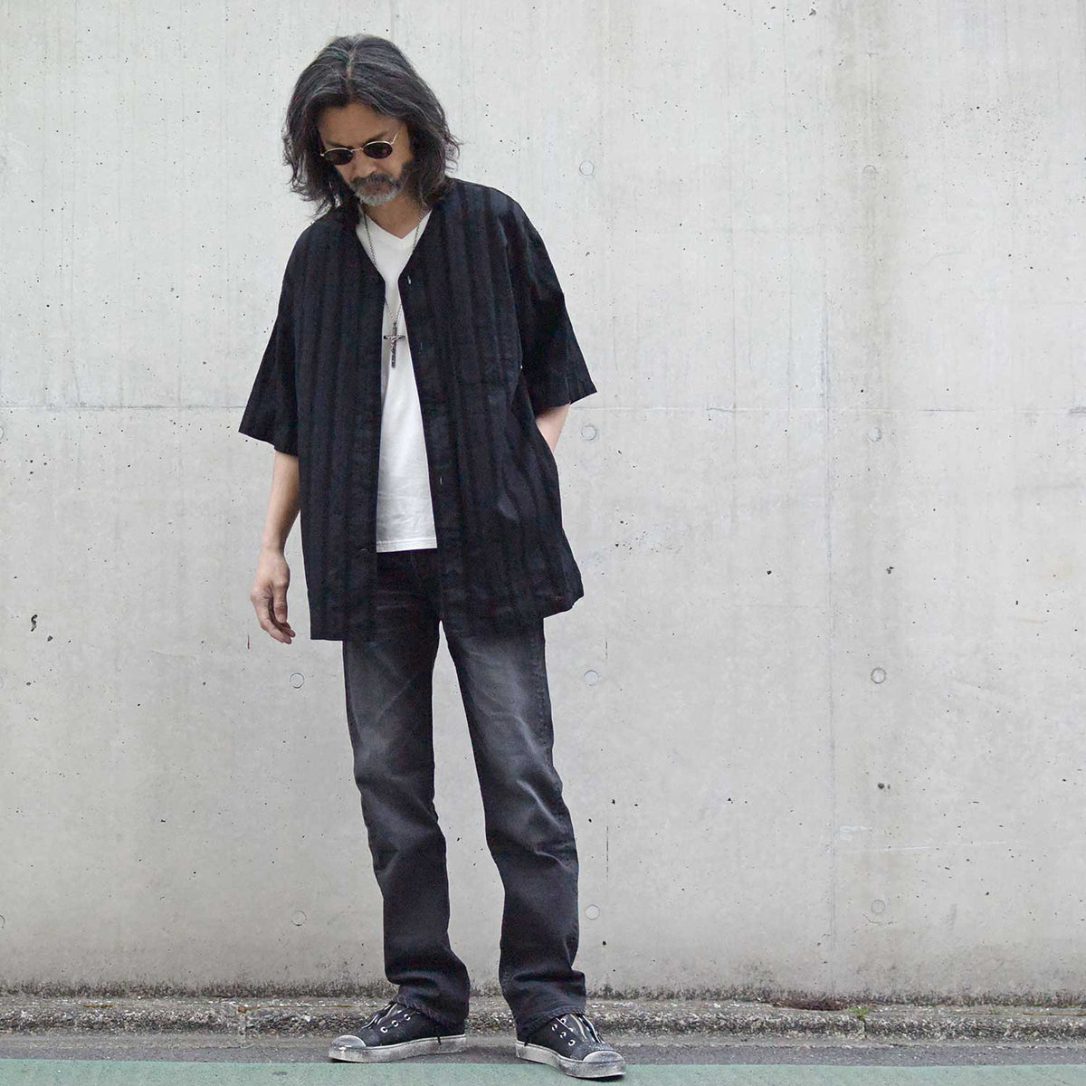 Stripe Cotton Leno Cloth Baggy No-collor Shirts / BLACK