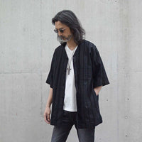 Stripe Cotton Leno Cloth Baggy No-collor Shirts / BLACK