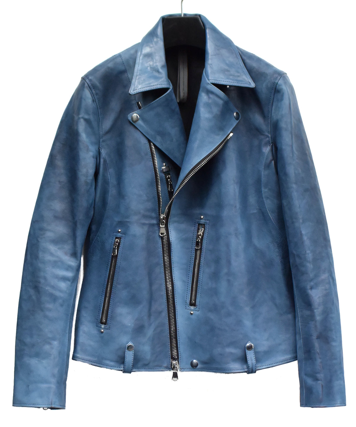 フルタンニン鞣し ジャパンカーフスキン Burning dyed - 燃焼製品染め HI-FLYER ダブルライダースジャケット - BLUE