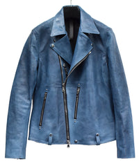 フルタンニン鞣し ジャパンカーフスキン Burning dyed - 燃焼製品染め HI-FLYER ダブルライダースジャケット - BLUE