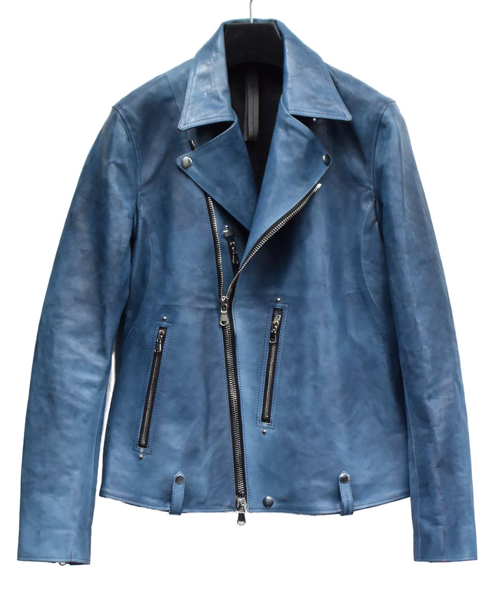 フルタンニン鞣し ジャパンカーフスキン Burning dyed - 燃焼製品染め HI-FLYER ダブルライダースジャケット - BLUE