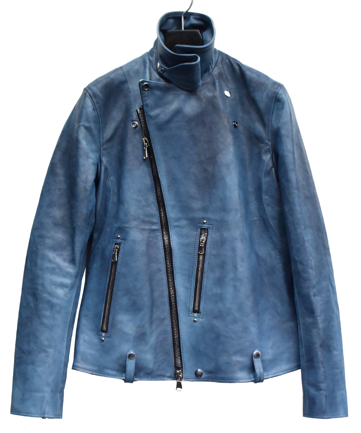 フルタンニン鞣し ジャパンカーフスキン Burning dyed - 燃焼製品染め HI-FLYER ダブルライダースジャケット - BLUE