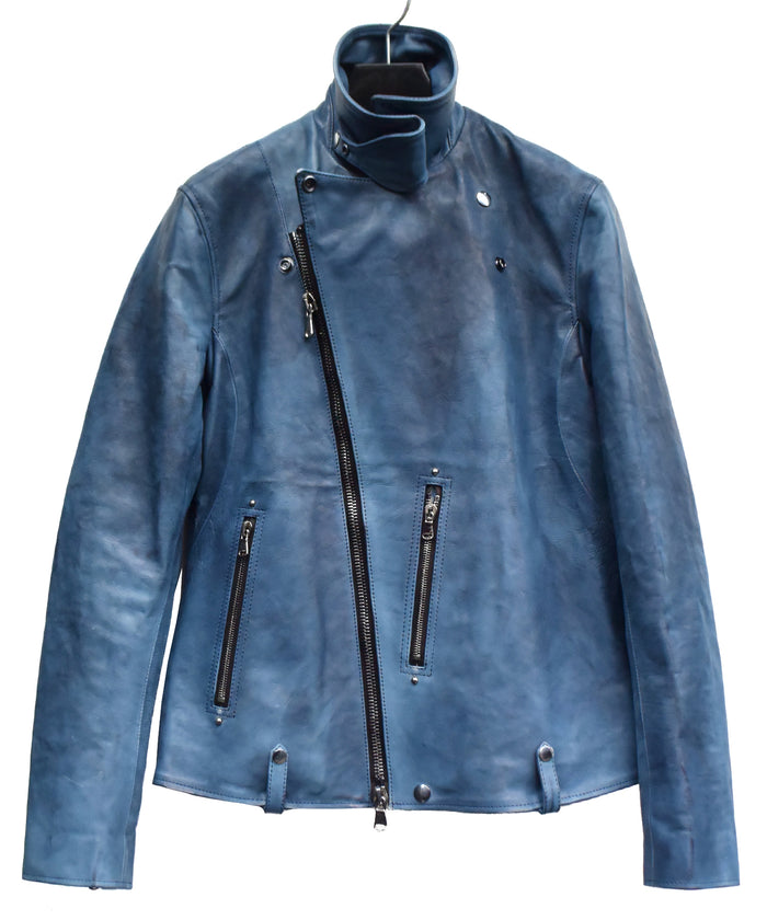 フルタンニン鞣し ジャパンカーフスキン Burning dyed - 燃焼製品染め HI-FLYER ダブルライダースジャケット - BLUE