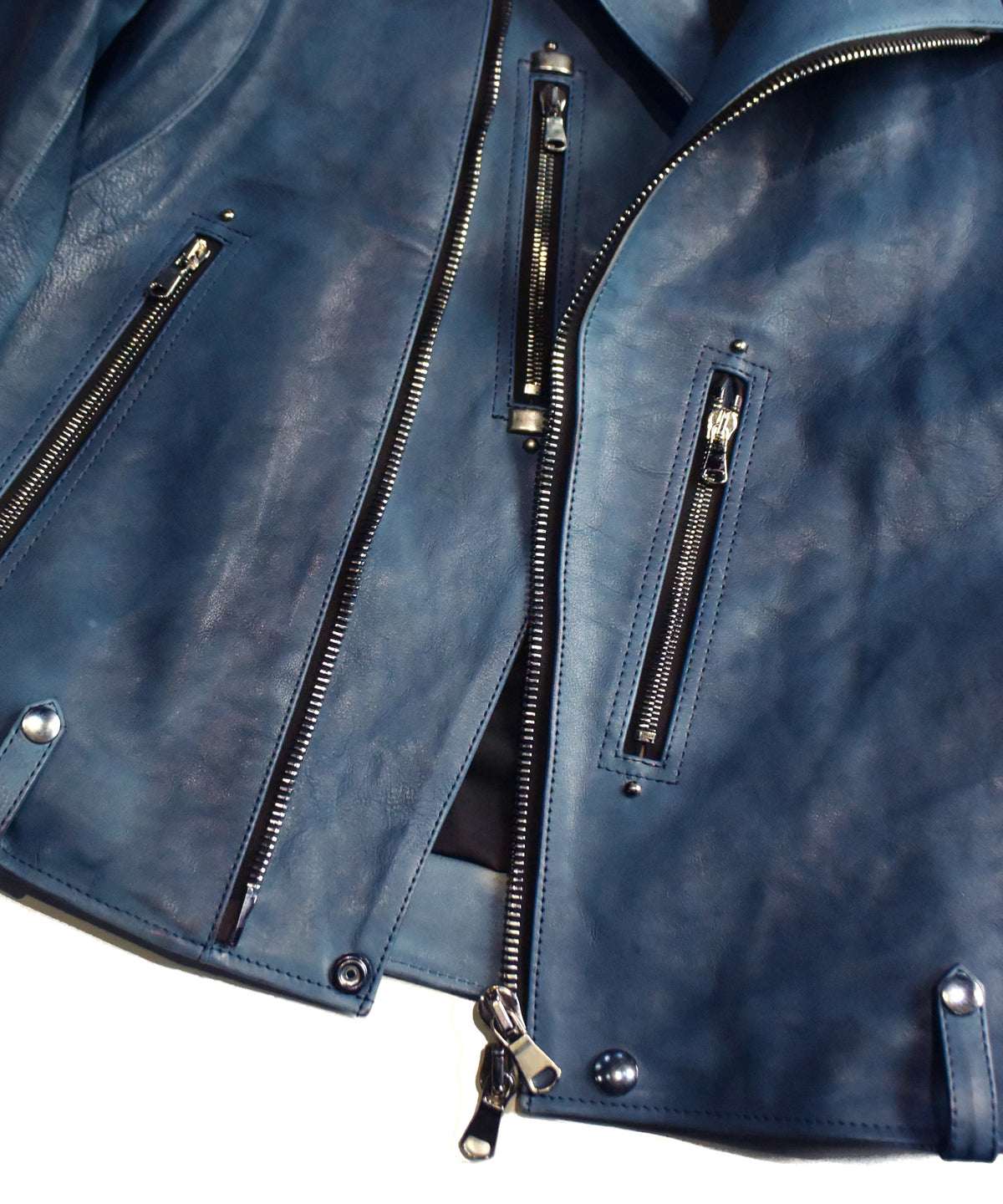 フルタンニン鞣し ジャパンカーフスキン Burning dyed - 燃焼製品染め HI-FLYER ダブルライダースジャケット - BLUE