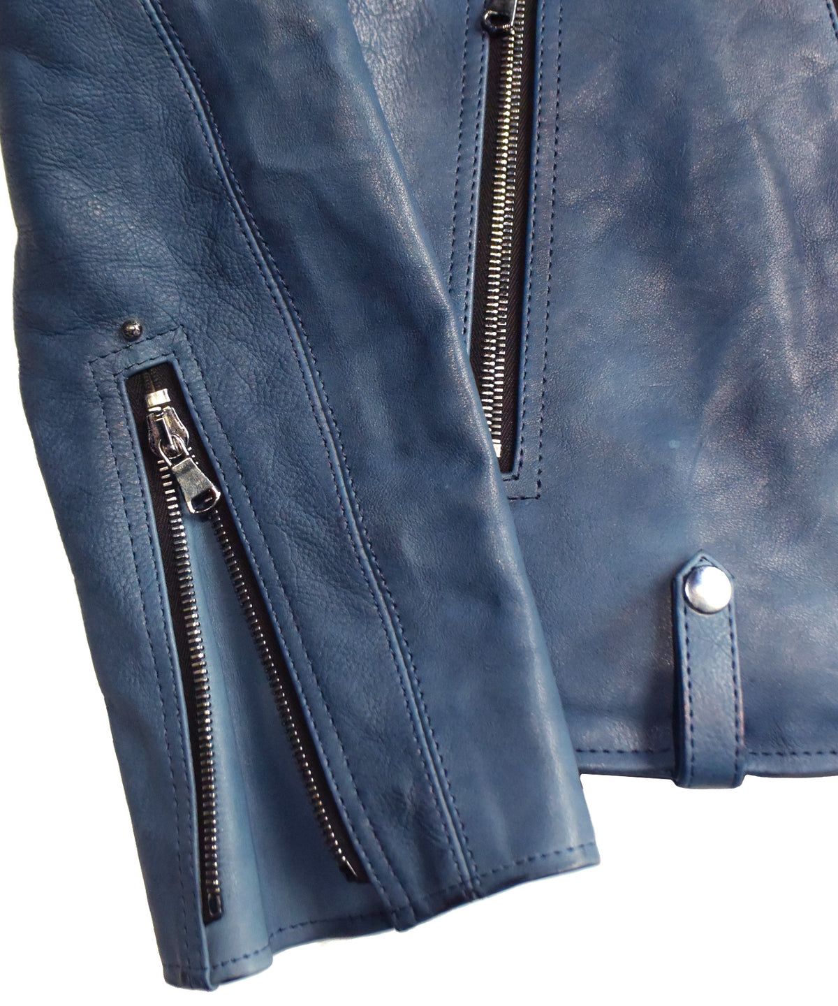 フルタンニン鞣し ジャパンカーフスキン Burning dyed - 燃焼製品染め HI-FLYER ダブルライダースジャケット - BLUE