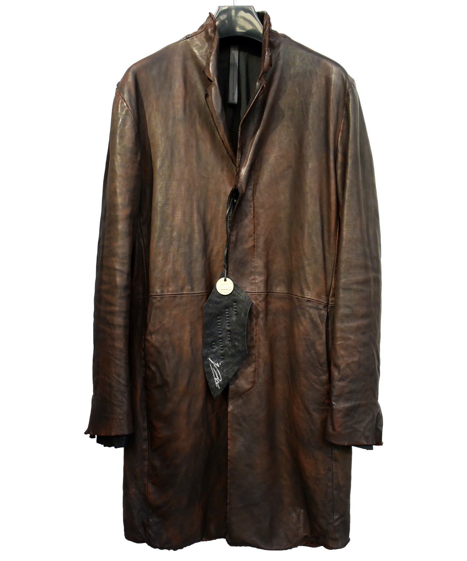 Load image into Gallery viewer, [One-of-a-kind item] Calf tannin product dyeing + Burning die Limited color &quot;RUST BLACK&quot; Long coat / M size