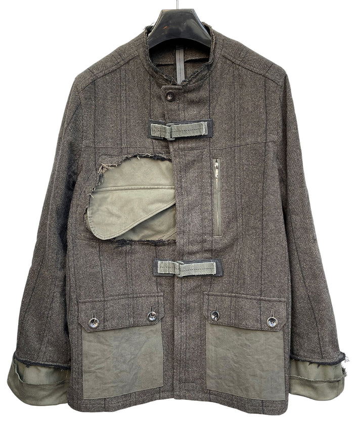 【一点物】タスマニアウール ヘリンボーンストライプ ジャケット × オランダ軍フィールドジャケット × ヴィンテージ ワークパンツ リメイク オーバーサイズジャケット - KHAKI - Lサイズ相当
