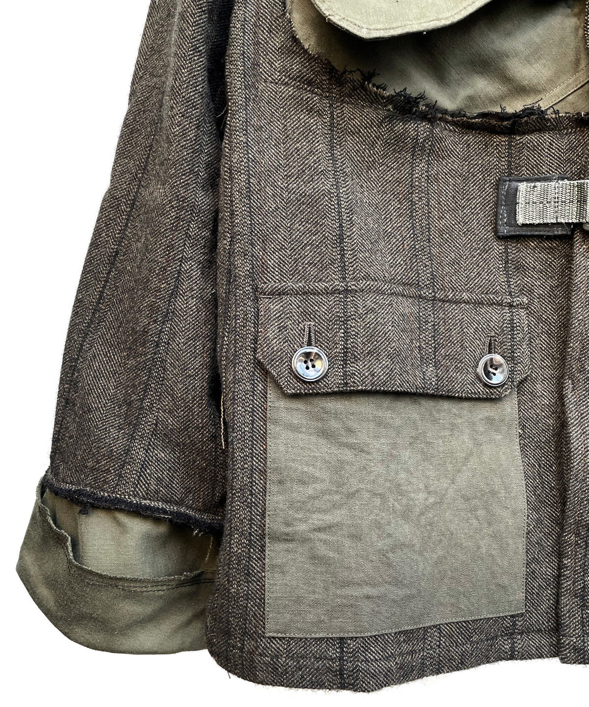 【一点物】タスマニアウール ヘリンボーンストライプ ジャケット × オランダ軍フィールドジャケット × ヴィンテージ ワークパンツ リメイク オーバーサイズジャケット - KHAKI - Lサイズ相当