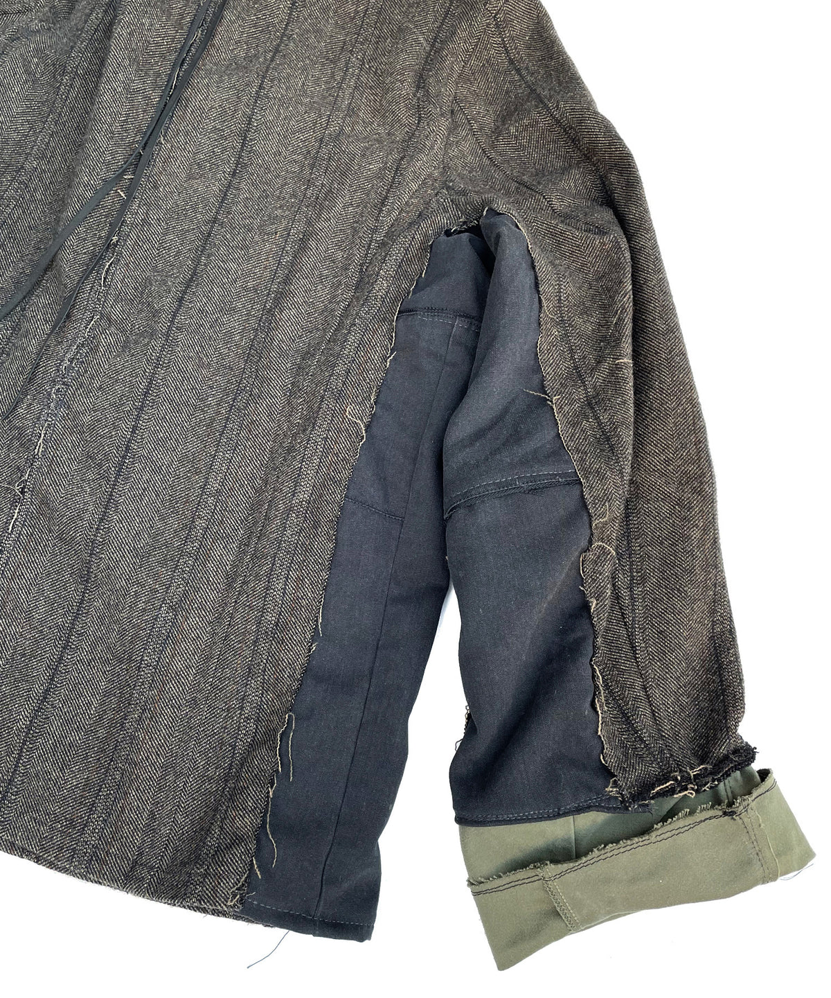 【一点物】タスマニアウール ヘリンボーンストライプ ジャケット × オランダ軍フィールドジャケット × ヴィンテージ ワークパンツ リメイク オーバーサイズジャケット - KHAKI - Lサイズ相当