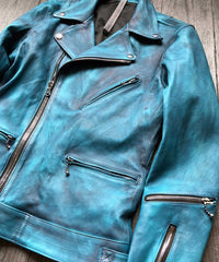 【Burning dyed】地生フルタンニン カーフ "SPEEDER" ダブルライダースジャケット - BLUE GREEN