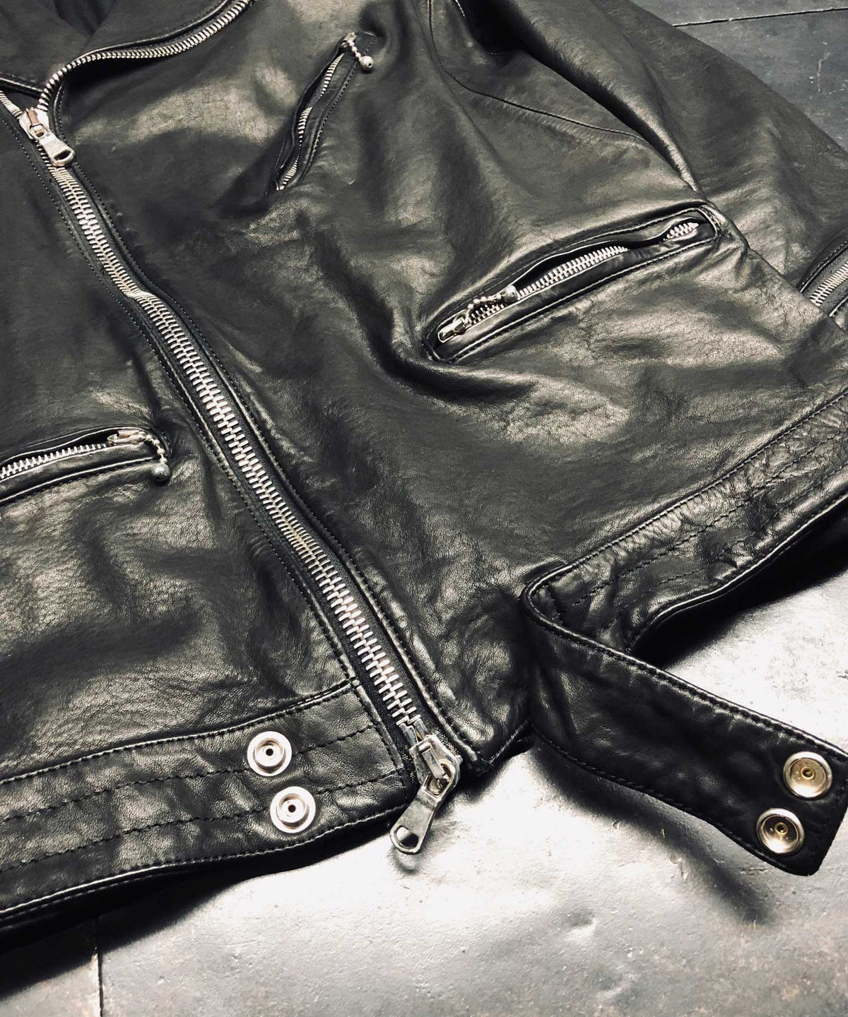 Domestic Vegetable Full Tanned Steer hide Garment Dyed Double Riders Jacket / Black