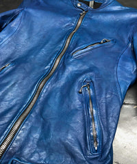 地生フルタンニンステア 製品染め シングルライダースジャケット - ブルー