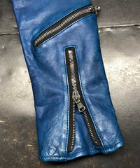 地生フルタンニンステア 製品染め シングルライダースジャケット - ブルー