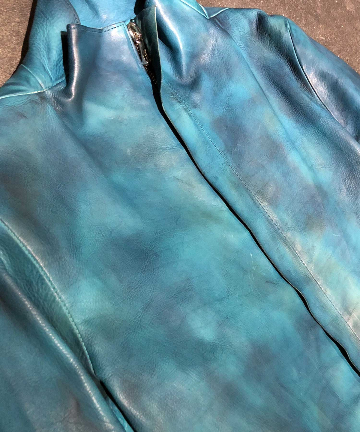 【Burning Dyed】地生フルタンニン カーフ スタンドカラージャケット - ブルーグリーン