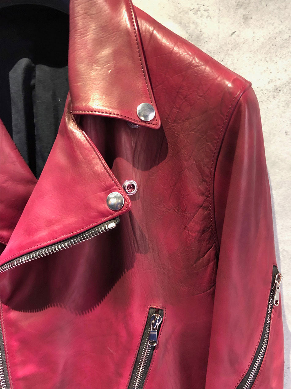 【Burning dyed】地生フルタンニン カーフ ダブルライダースジャケット - RED