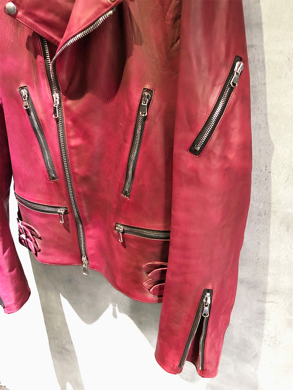 【Burning dyed】地生フルタンニン カーフ ダブルライダースジャケット - RED