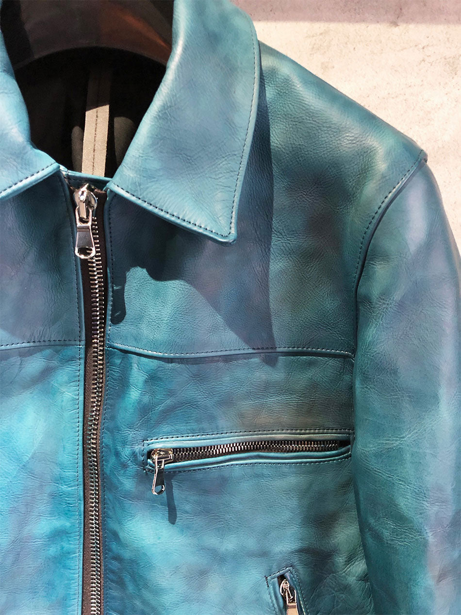 Load image into Gallery viewer, [Burning Dyed] Domestic Vegetable Full Tanned Calf Skin Single Riders Jacket / BLUE GREEN