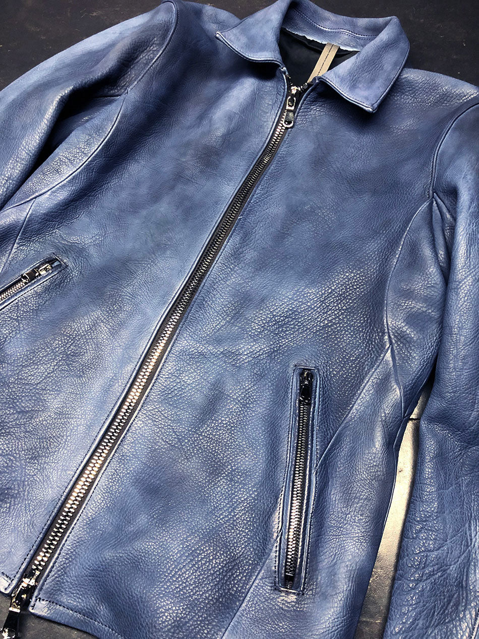 【Burning dyed】地生フルタンニン カーフシュリンク VINCENTS シングルライダースジャケット - GUN BLUE