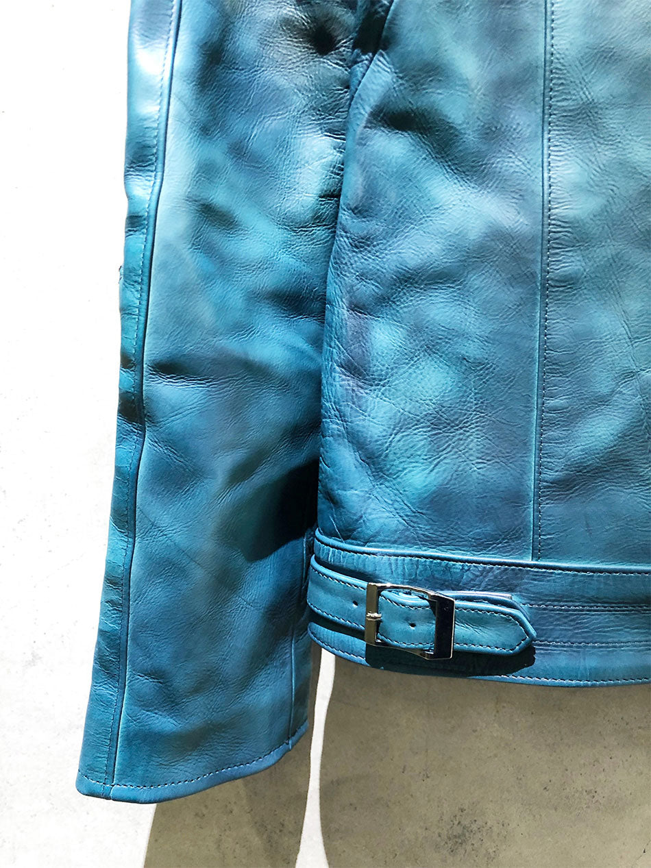 【Burning dyed】地生フルタンニン カーフ "SPEEDER" ダブルライダースジャケット - BLUE GREEN