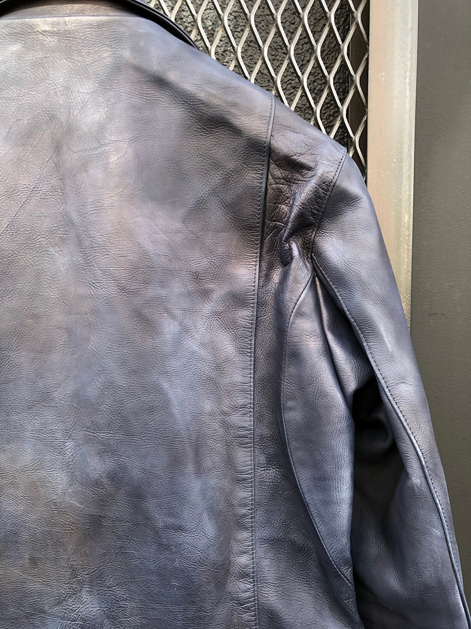 [Burning dyed] Earthen full tannin calf "SPEEDER" double riders jacket / GUN BLUE