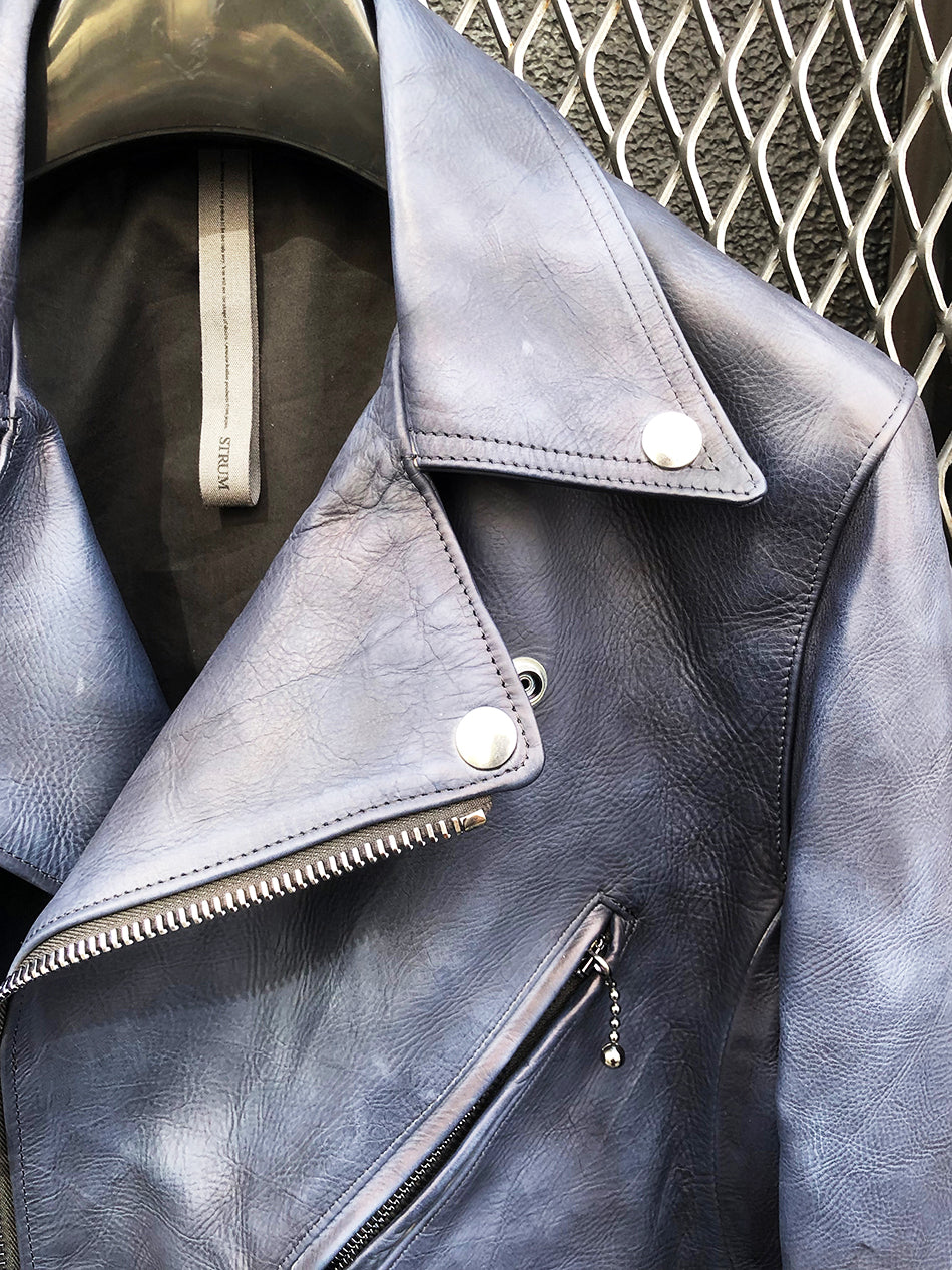 [Burning dyed] Earthen full tannin calf "SPEEDER" double riders jacket / GUN BLUE