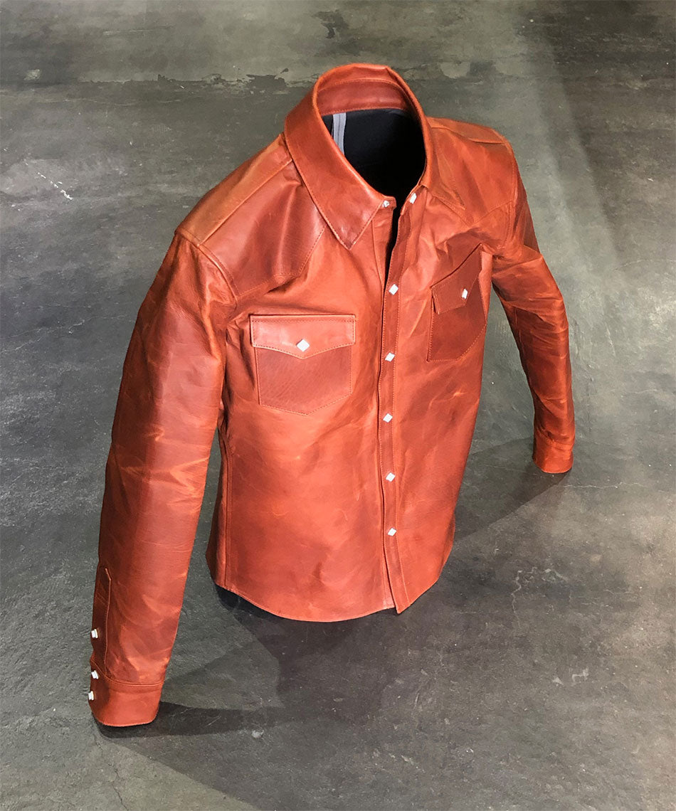 Domestic Vegetable Full Tanned Calf Skin Italian OIL / WAX Processed Western Shirt / Brown