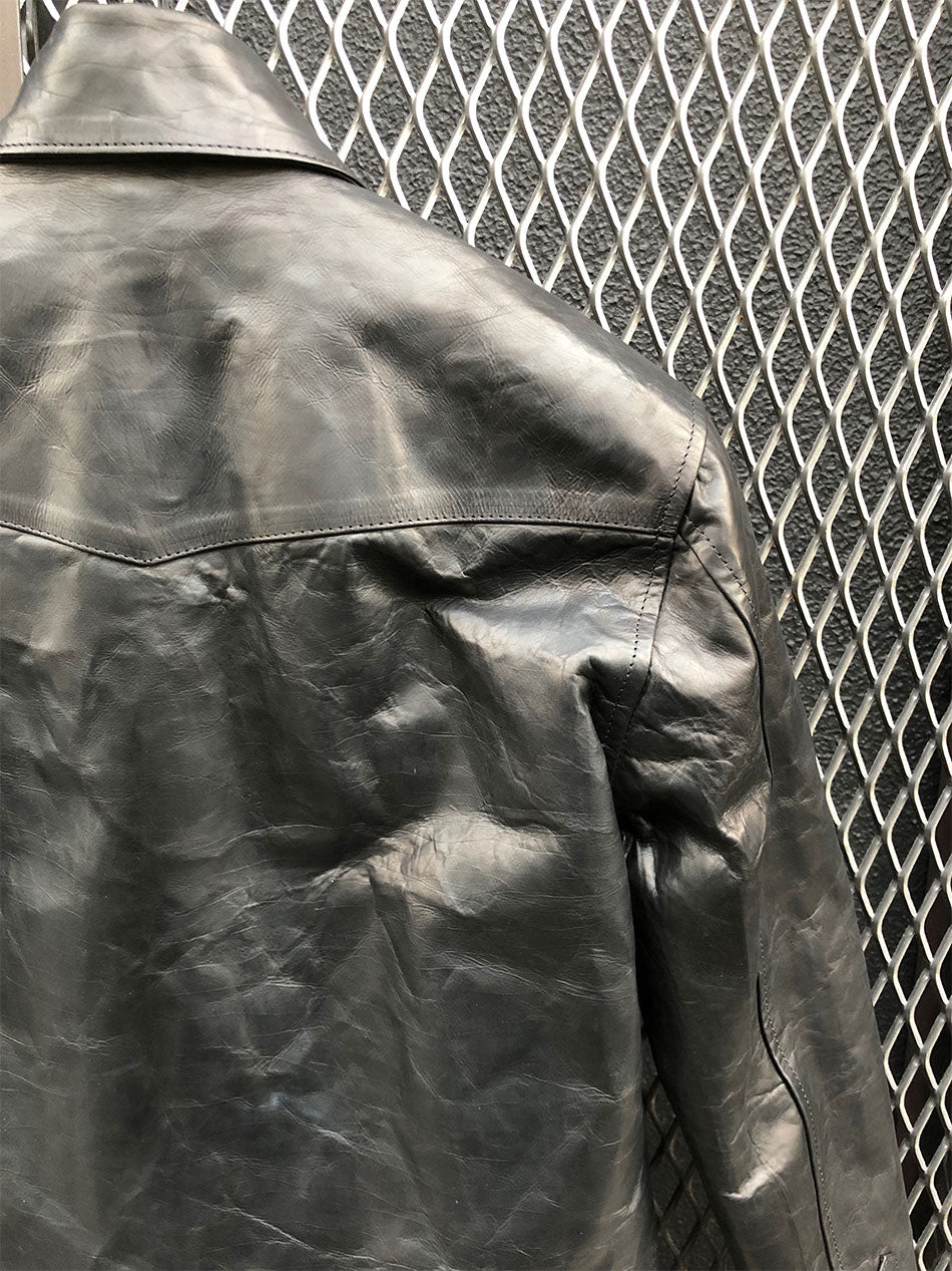 地生フルタンニンカーフ イタリアン OIL/WAX 加工 ウエスタンシャツ - ブラック