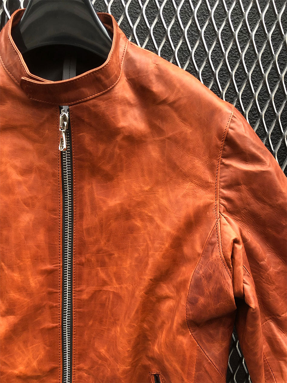 地生フルタンニンカーフ イタリアン OIL/WAX 加工 シングルライダースジャケット - ブラウン