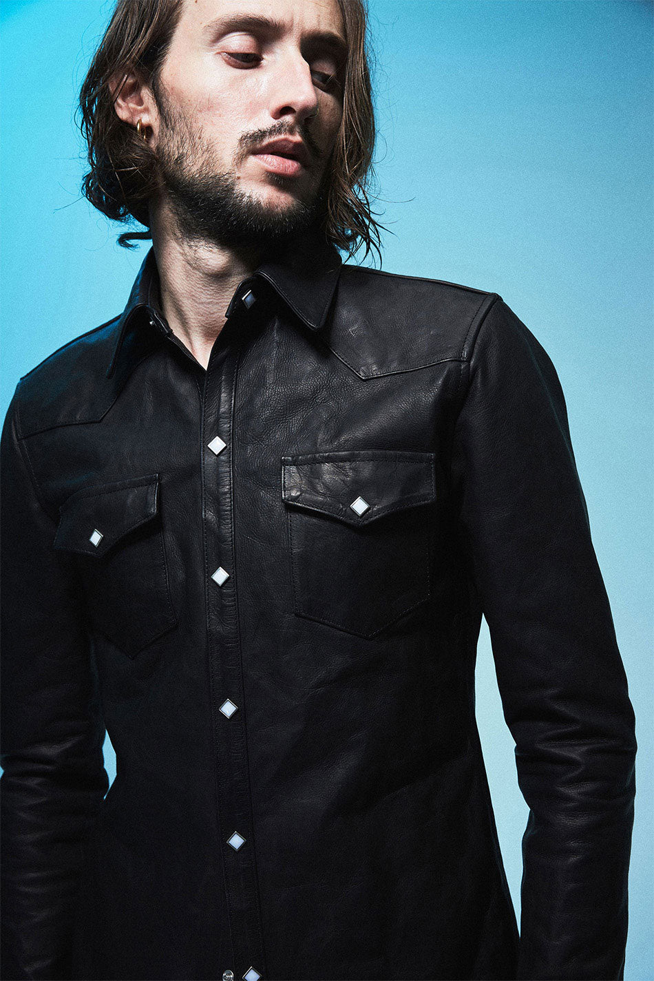 地生フルタンニンカーフ イタリアン OIL/WAX 加工 ウエスタンシャツ - ブラック