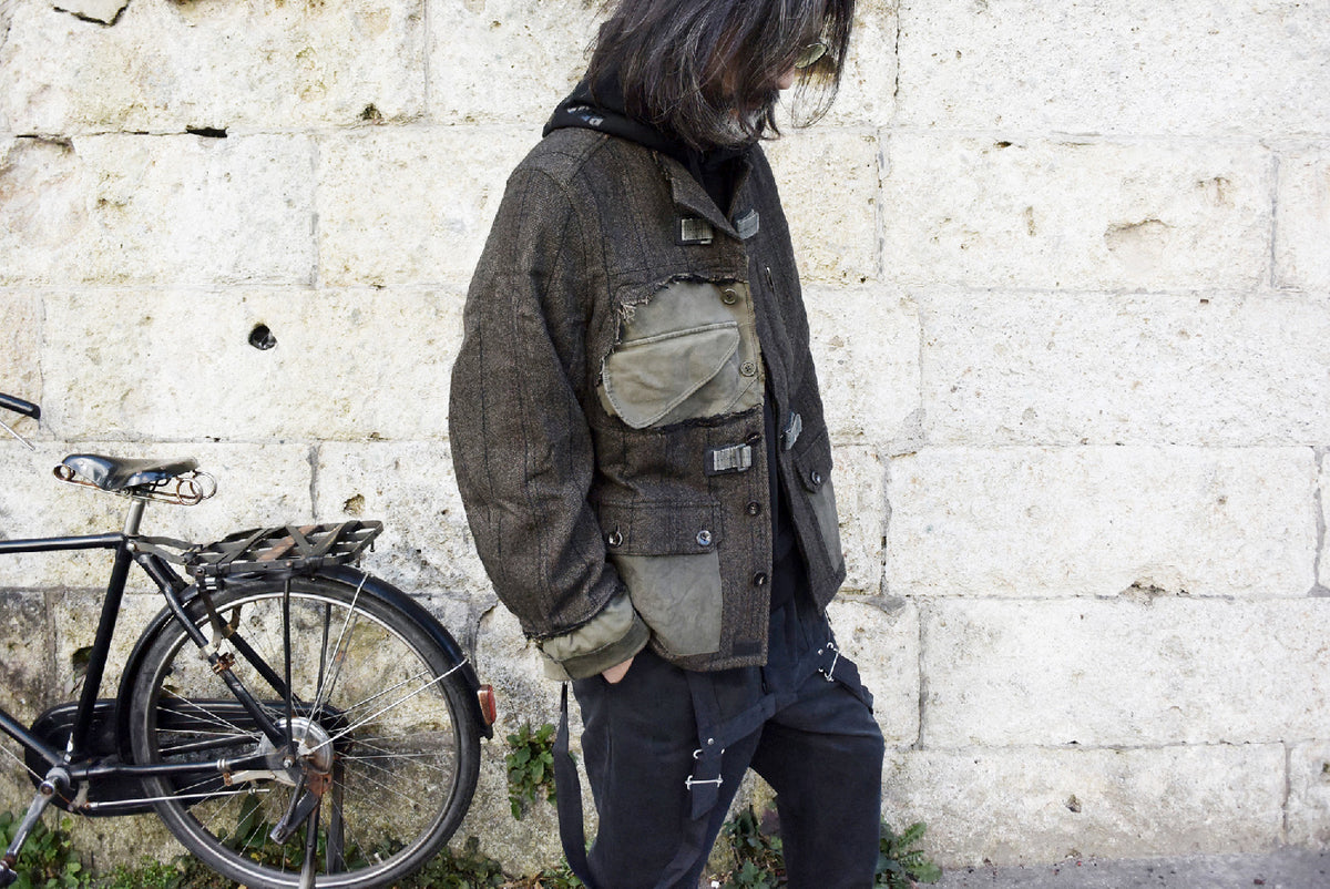 【一点物】タスマニアウール ヘリンボーンストライプ ジャケット × オランダ軍フィールドジャケット × ヴィンテージ ワークパンツ リメイク オーバーサイズジャケット - KHAKI - Lサイズ相当