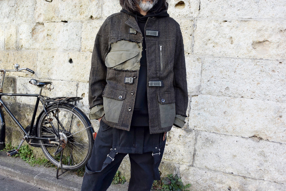 【一点物】タスマニアウール ヘリンボーンストライプ ジャケット × オランダ軍フィールドジャケット × ヴィンテージ ワークパンツ リメイク オーバーサイズジャケット - KHAKI - Lサイズ相当