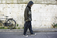 【一点物】タスマニアウール ヘリンボーンストライプ ジャケット × オランダ軍フィールドジャケット × ヴィンテージ ワークパンツ リメイク オーバーサイズジャケット - KHAKI - Lサイズ相当