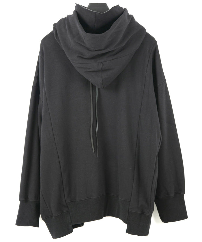 ストレッチコットンポリ ベロア加工ニット ハイネック フーディー - BLACK