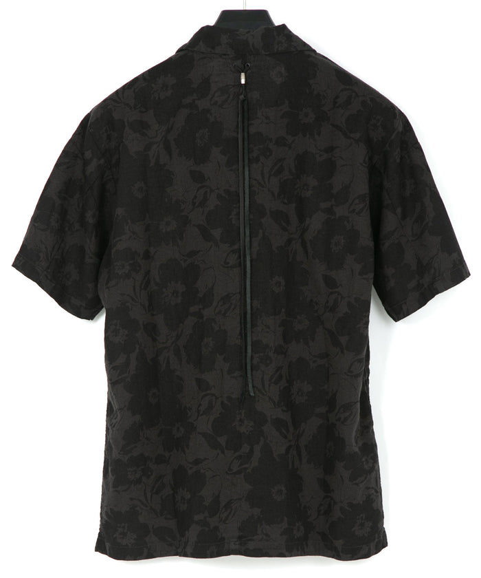 コットンリネン 花柄プリント 製品染め 半袖開襟シャツ - GRAY×BLACK