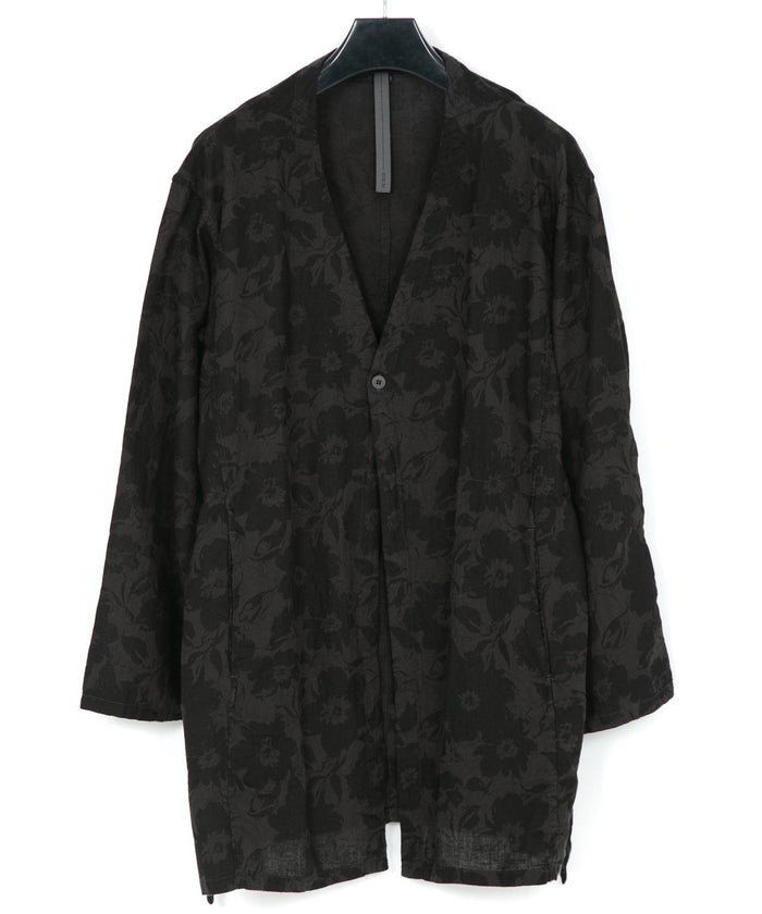 コットンリネン 花柄プリント 製品染め ロングカーディガン - GRAY×BLACK