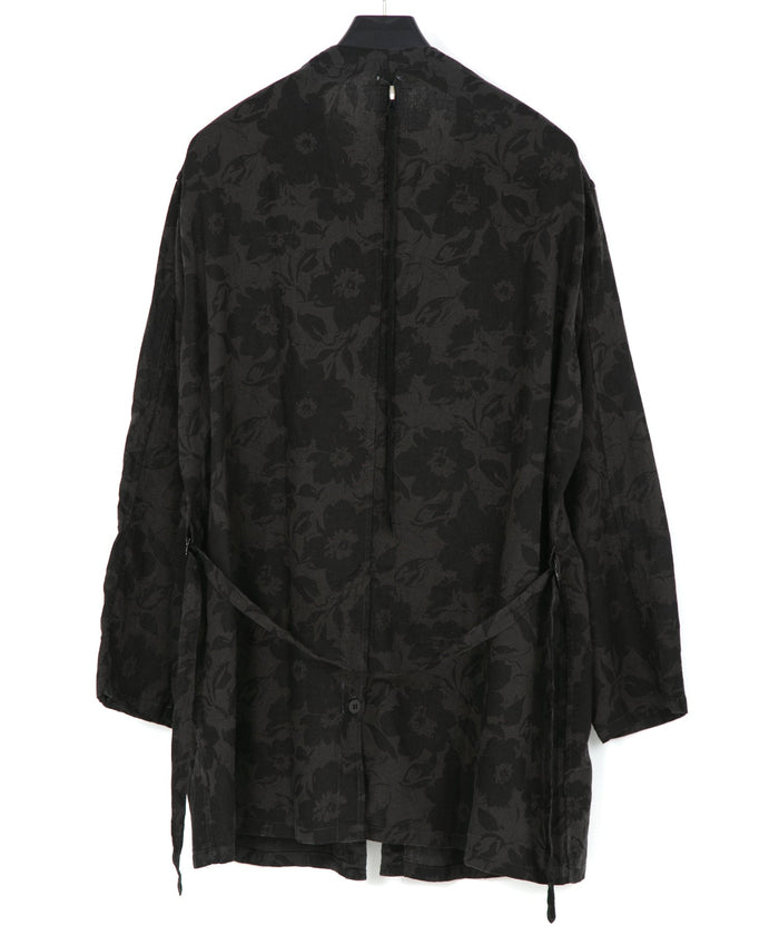 コットンリネン 花柄プリント 製品染め ロングカーディガン - GRAY×BLACK